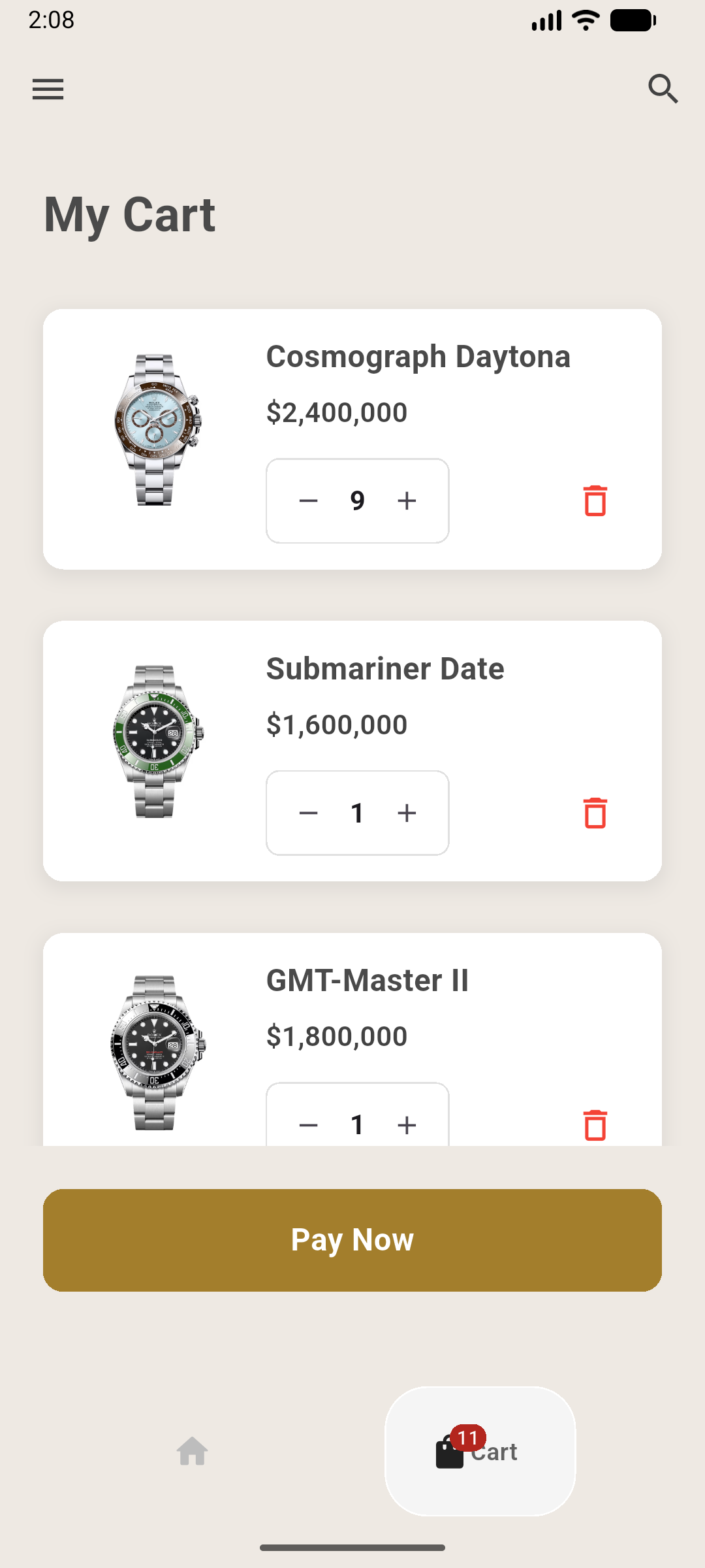 Shopping Cart Screen